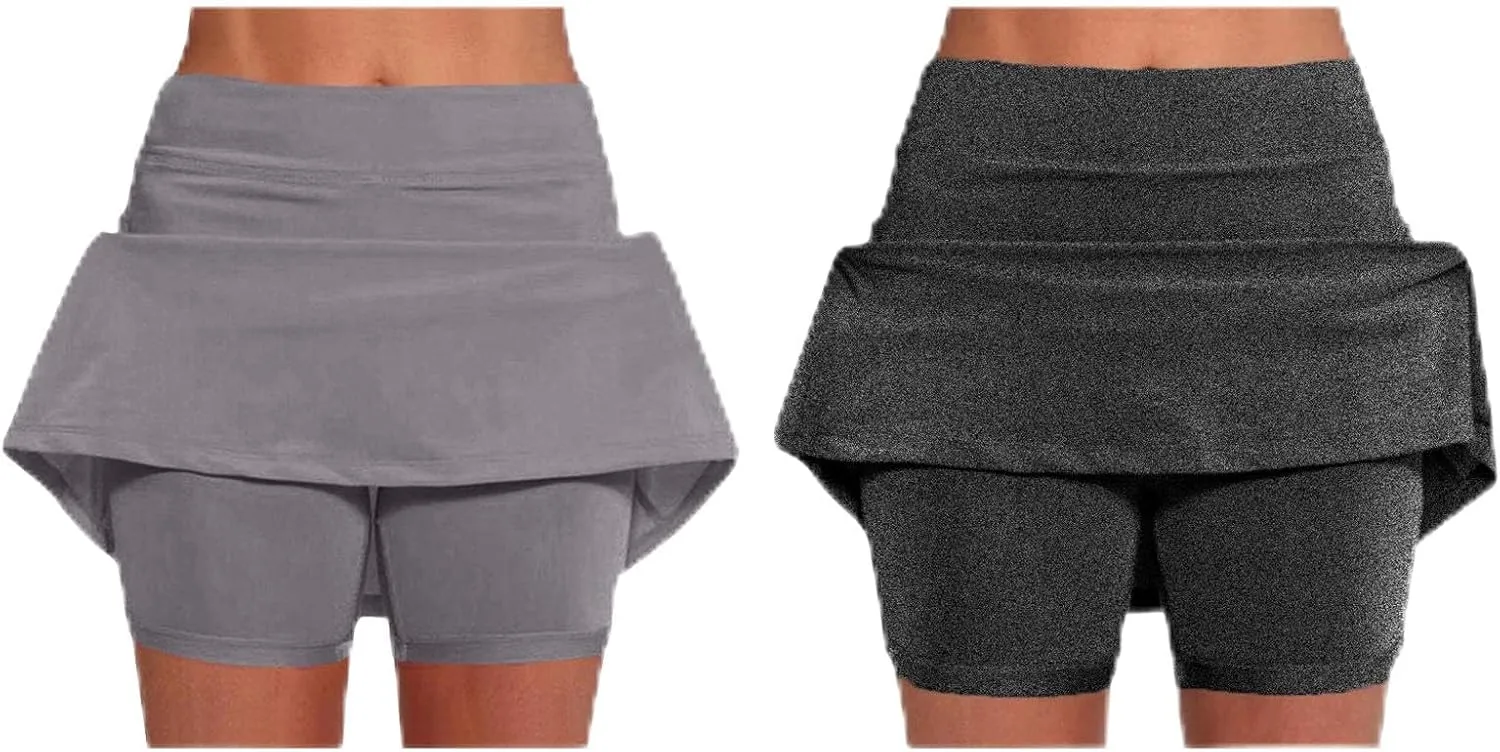 2 Pack Womens Athletic Skirts Basic Running Skorts Lightweight High Waisted Gym Workout Skirt with Built in Shorts