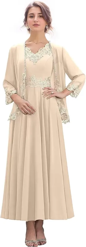 2 Pieces Mother of The Bride Dresses for Wedding 3/4 Sleeves Chiffon Long Formal Dress for Women 2025 Elegant