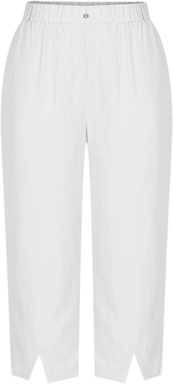 2025 Capri Linen Pants for Women Wide Leg Casual Summer Palazzo Pants High Waisted Beach Trousers with Pockets