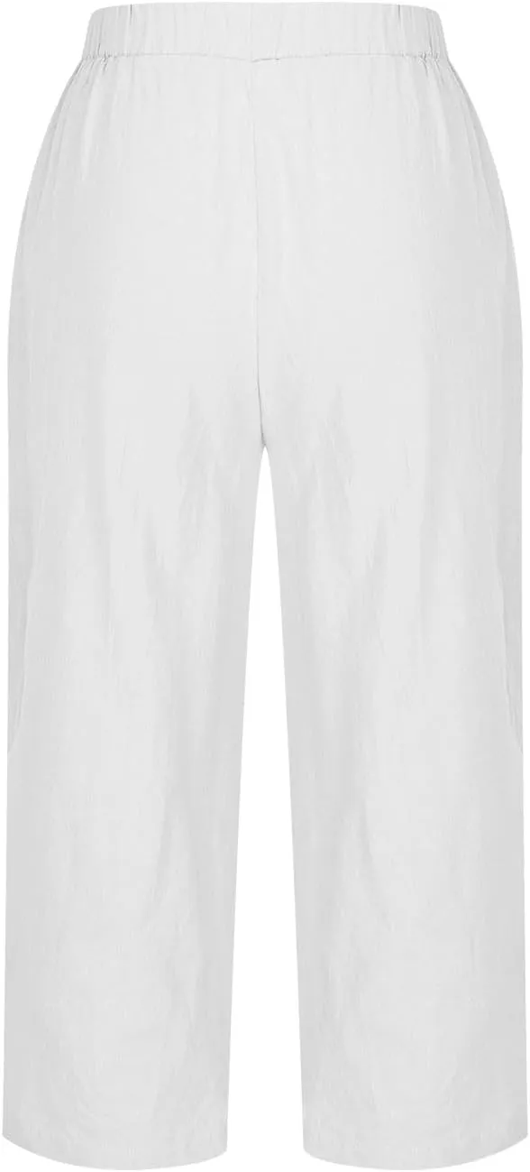2025 Capri Linen Pants for Women Wide Leg Casual Summer Palazzo Pants High Waisted Beach Trousers with Pockets