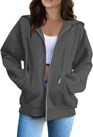 2025 Spring Women's Drawstring Zip Up Cute Hoodies Soft Jacket Plus Size Casual Sweatshirts with Pocket