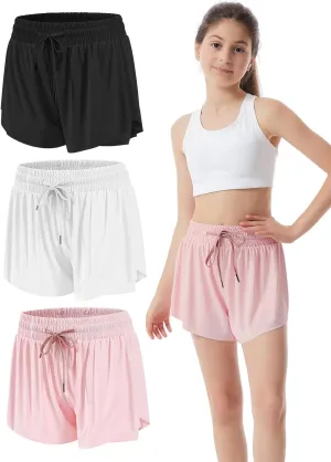 3-4 Packs Girls Flowy Butterfly Shorts Athletic 2 in 1 Running Active Skirt Shorts, Workout Short for Kids Teens