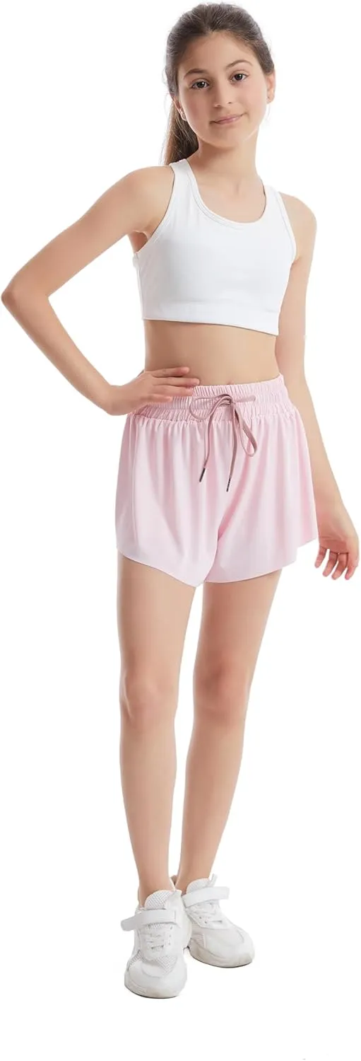 3-4 Packs Girls Flowy Butterfly Shorts Athletic 2 in 1 Running Active Skirt Shorts, Workout Short for Kids Teens