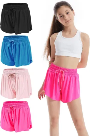 3-4 Packs Girls Flowy Butterfly Shorts Athletic 2 in 1 Running Active Skirt Shorts, Workout Short for Kids Teens
