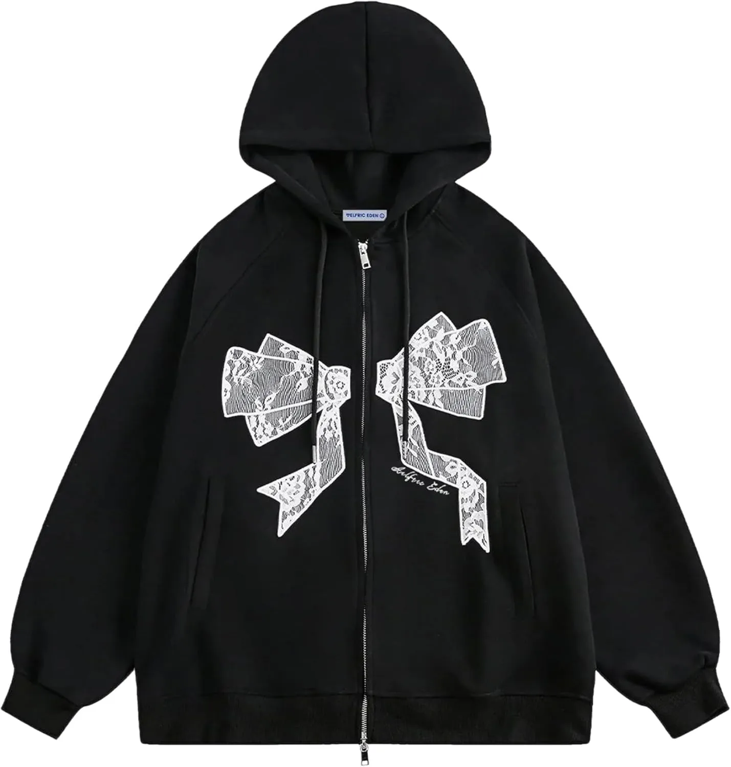 Aelfric Eden Womens Zip Up Hoodies Embroidery Lace Bow Long Sleeve Sweatshirts Y2K Oversized Fall Outfits with Pocket