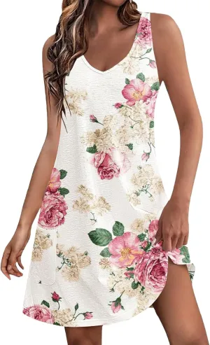 aihihe Summer Dresses for Women 2024 Boho Beach Sundress Loose Fit V Neck Sleeveless Midi Dress Flowy Dress with Pockets
