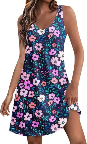 aihihe Summer Dresses for Women 2024 Boho Beach Sundress Loose Fit V Neck Sleeveless Midi Dress Flowy Dress with Pockets