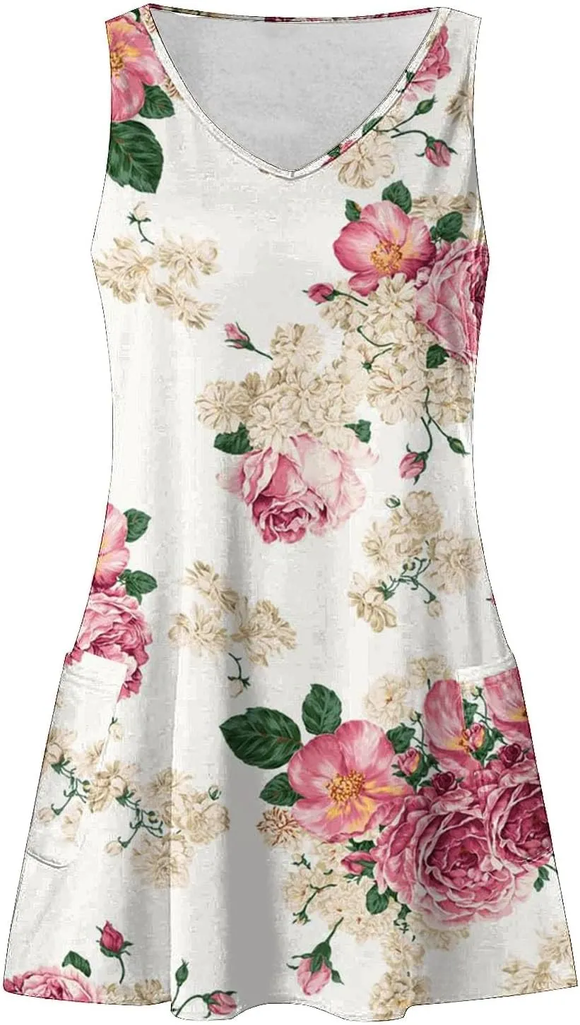 aihihe Summer Dresses for Women 2024 Boho Beach Sundress Loose Fit V Neck Sleeveless Midi Dress Flowy Dress with Pockets