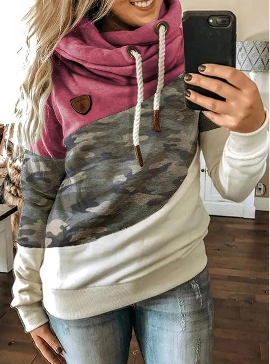 Akivide Women's Casual Cowl Neck Pullover Hoodie Color Block Graphic Long Sleeve Drawstring Hooded Sweatshirt Tops