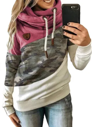 Akivide Women's Casual Cowl Neck Pullover Hoodie Color Block Graphic Long Sleeve Drawstring Hooded Sweatshirt Tops
