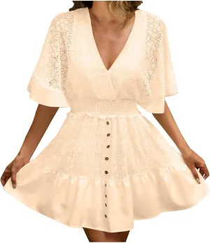 Akklian Women's Floral Lace Mini Dress White Bridesmaid Wedding Party Dresses V Neck Empire Waist Ruffle Hem Summer Dress