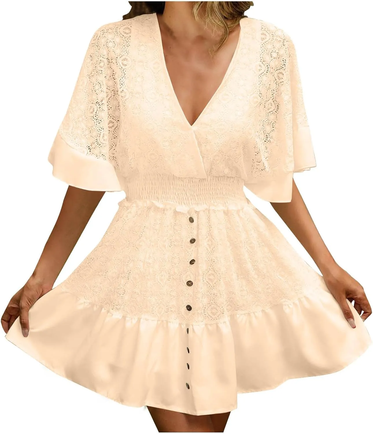 Akklian Women's Floral Lace Mini Dress White Bridesmaid Wedding Party Dresses V Neck Empire Waist Ruffle Hem Summer Dress