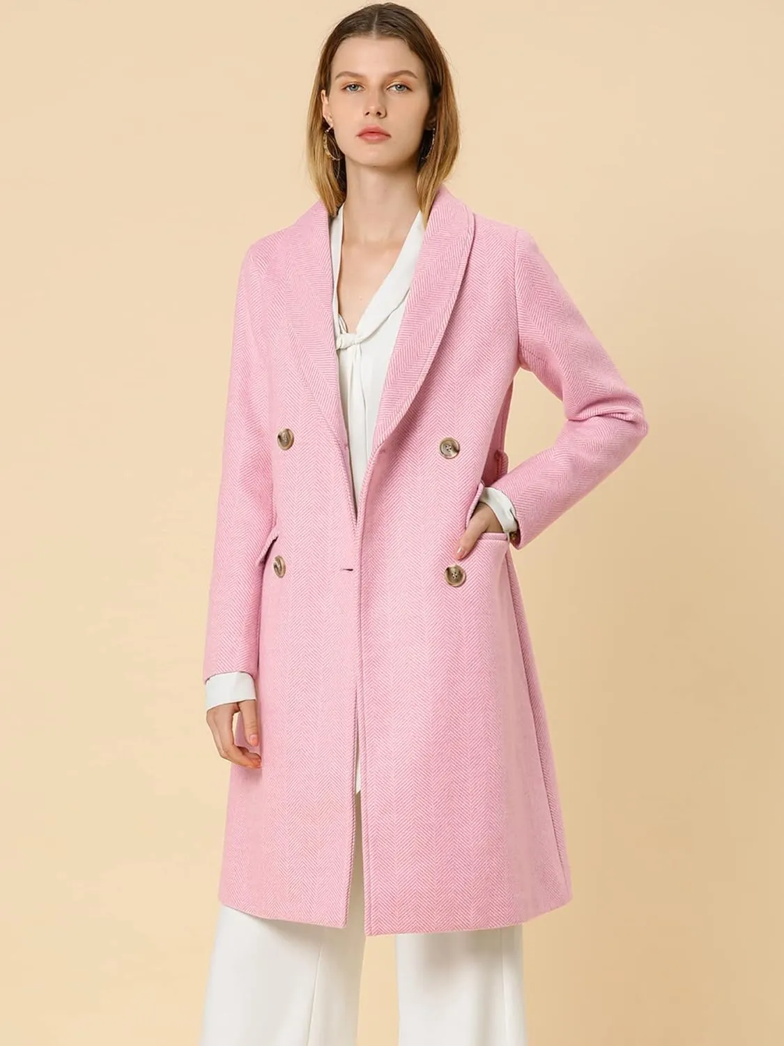 Allegra K Women's Double Breasted Shawl Collar Chevron Belted Long Winter Coat