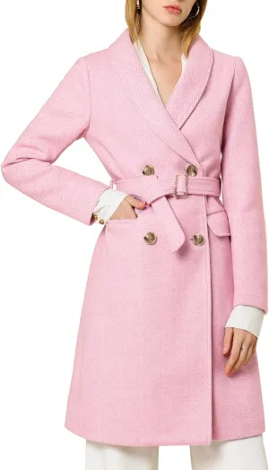 Allegra K Women's Double Breasted Shawl Collar Chevron Belted Long Winter Coat