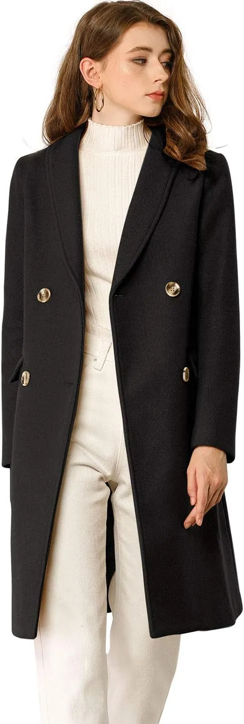 Allegra K Women's Double Breasted Shawl Collar Chevron Belted Long Winter Coat