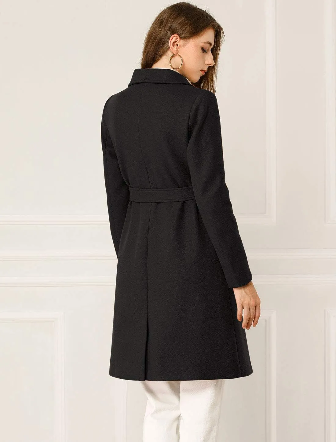 Allegra K Women's Double Breasted Shawl Collar Chevron Belted Long Winter Coat