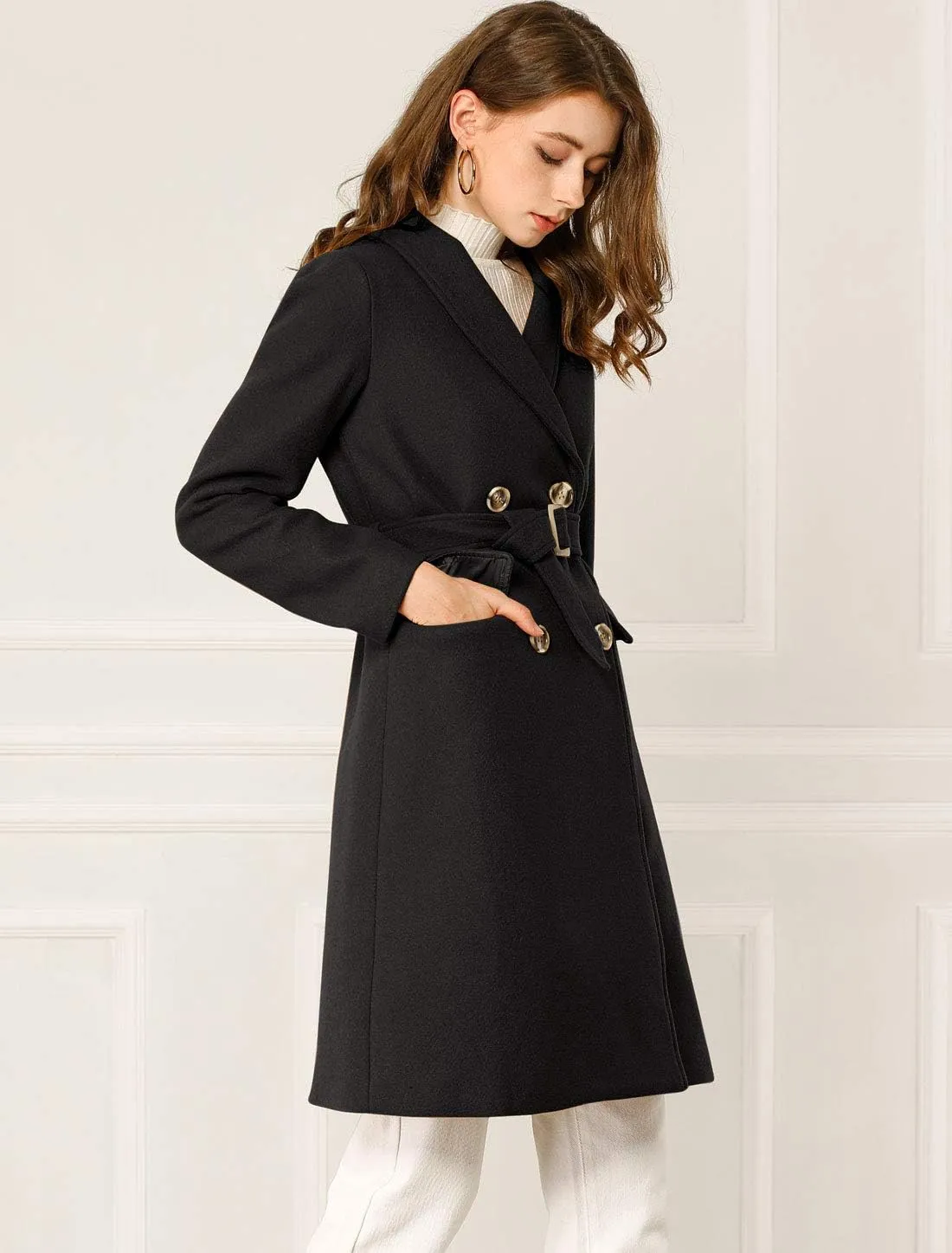 Allegra K Women's Double Breasted Shawl Collar Chevron Belted Long Winter Coat