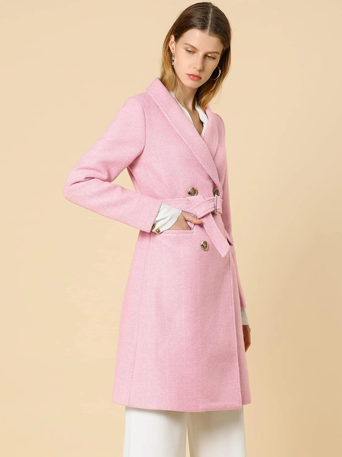 Allegra K Women's Double Breasted Shawl Collar Chevron Belted Long Winter Coat