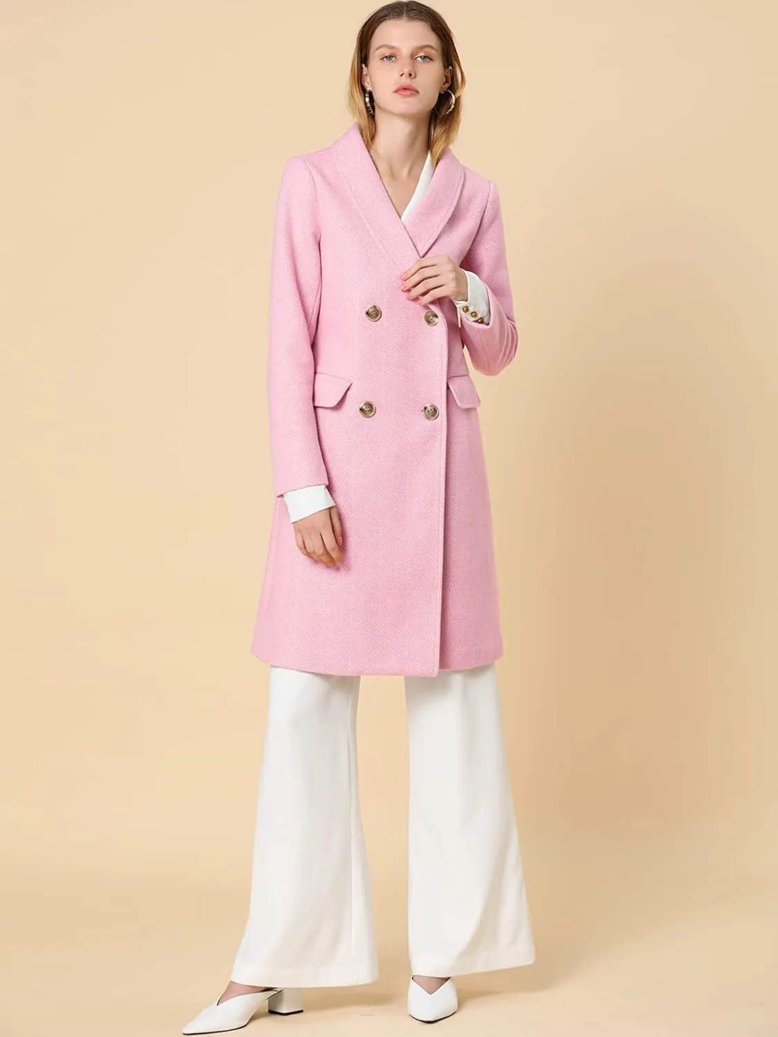 Allegra K Women's Double Breasted Shawl Collar Chevron Belted Long Winter Coat
