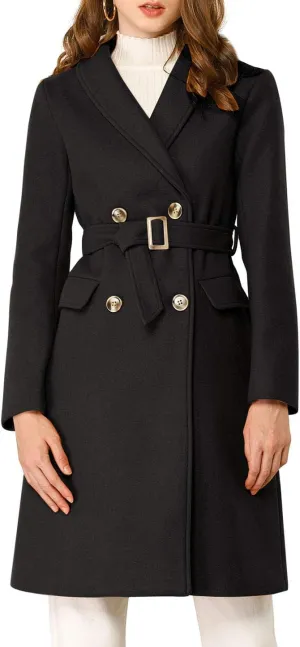 Allegra K Women's Double Breasted Shawl Collar Chevron Belted Long Winter Coat