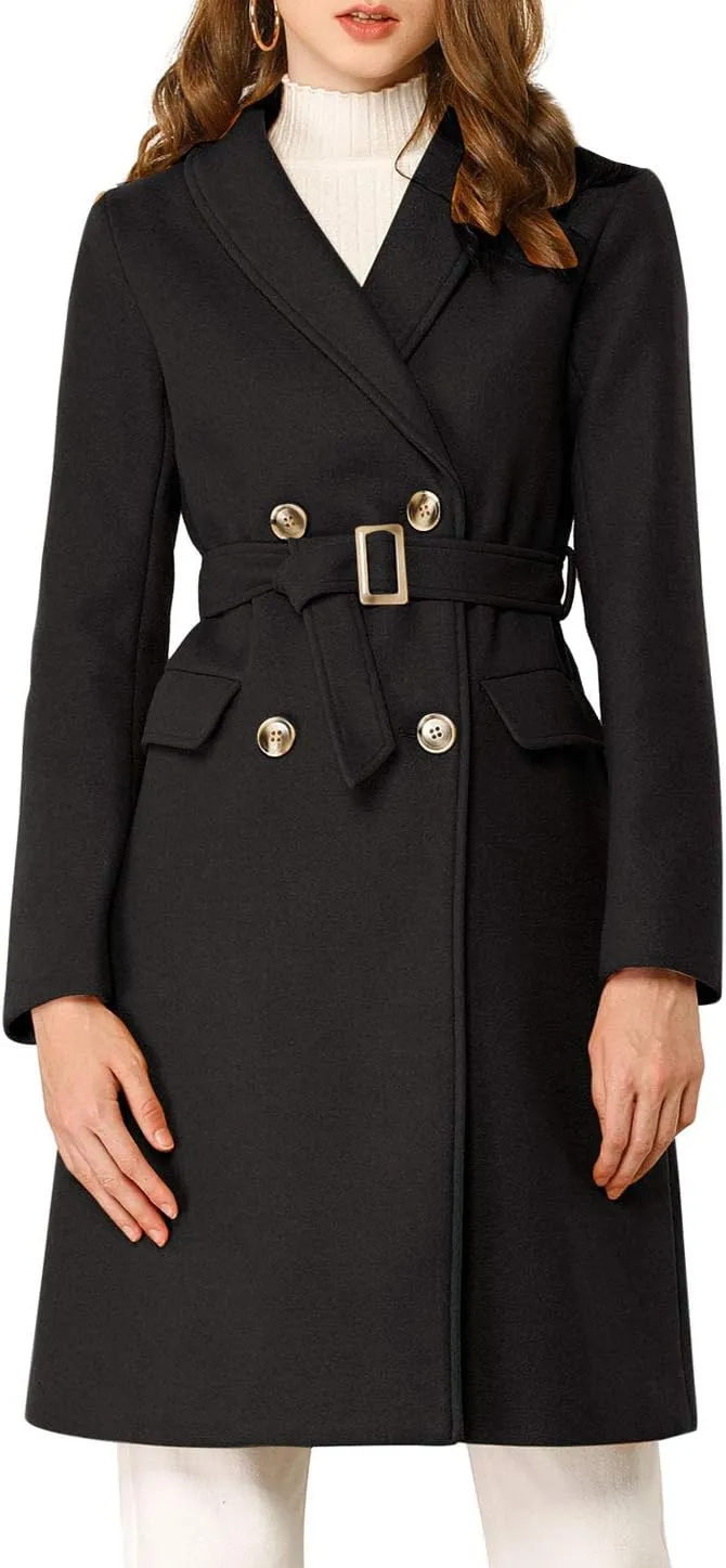 Allegra K Women's Double Breasted Shawl Collar Chevron Belted Long Winter Coat