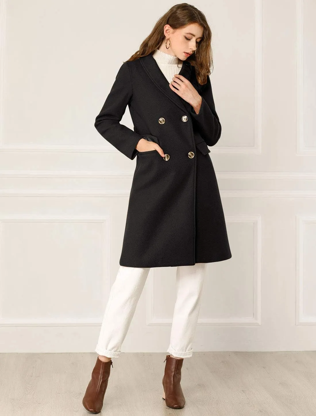 Allegra K Women's Double Breasted Shawl Collar Chevron Belted Long Winter Coat
