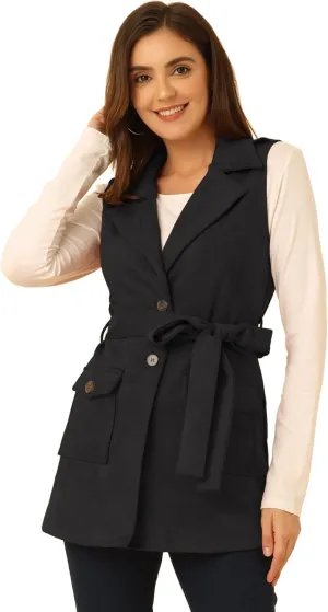 Allegra K Women's Faux Suede Vest Lapel Single Breasted Tie Belt Button Up Pockets Work Sleeveless Jacket