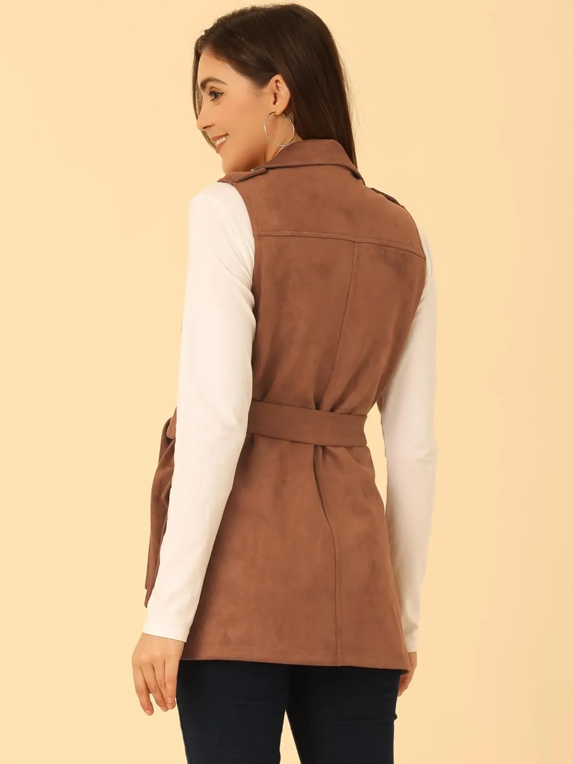 Allegra K Women's Faux Suede Vest Lapel Single Breasted Tie Belt Button Up Pockets Work Sleeveless Jacket