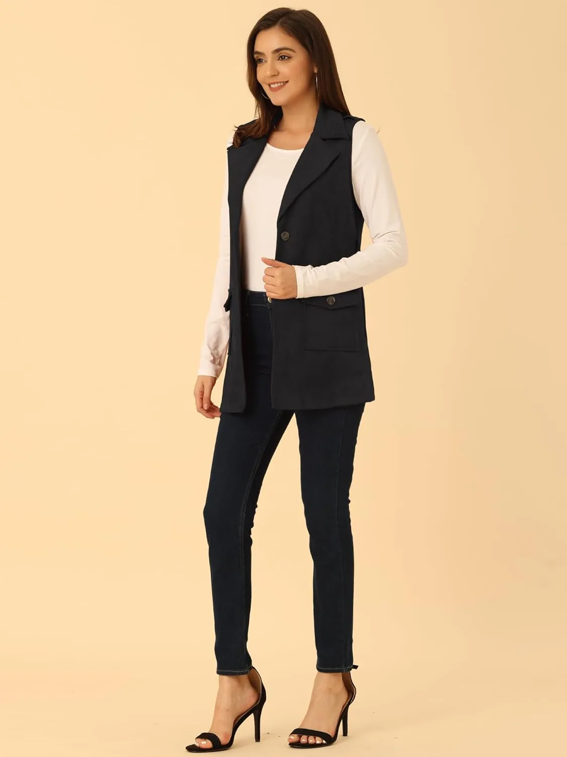 Allegra K Women's Faux Suede Vest Lapel Single Breasted Tie Belt Button Up Pockets Work Sleeveless Jacket