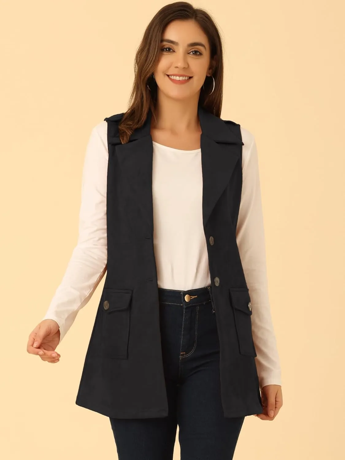 Allegra K Women's Faux Suede Vest Lapel Single Breasted Tie Belt Button Up Pockets Work Sleeveless Jacket