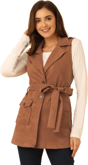 Allegra K Women's Faux Suede Vest Lapel Single Breasted Tie Belt Button Up Pockets Work Sleeveless Jacket