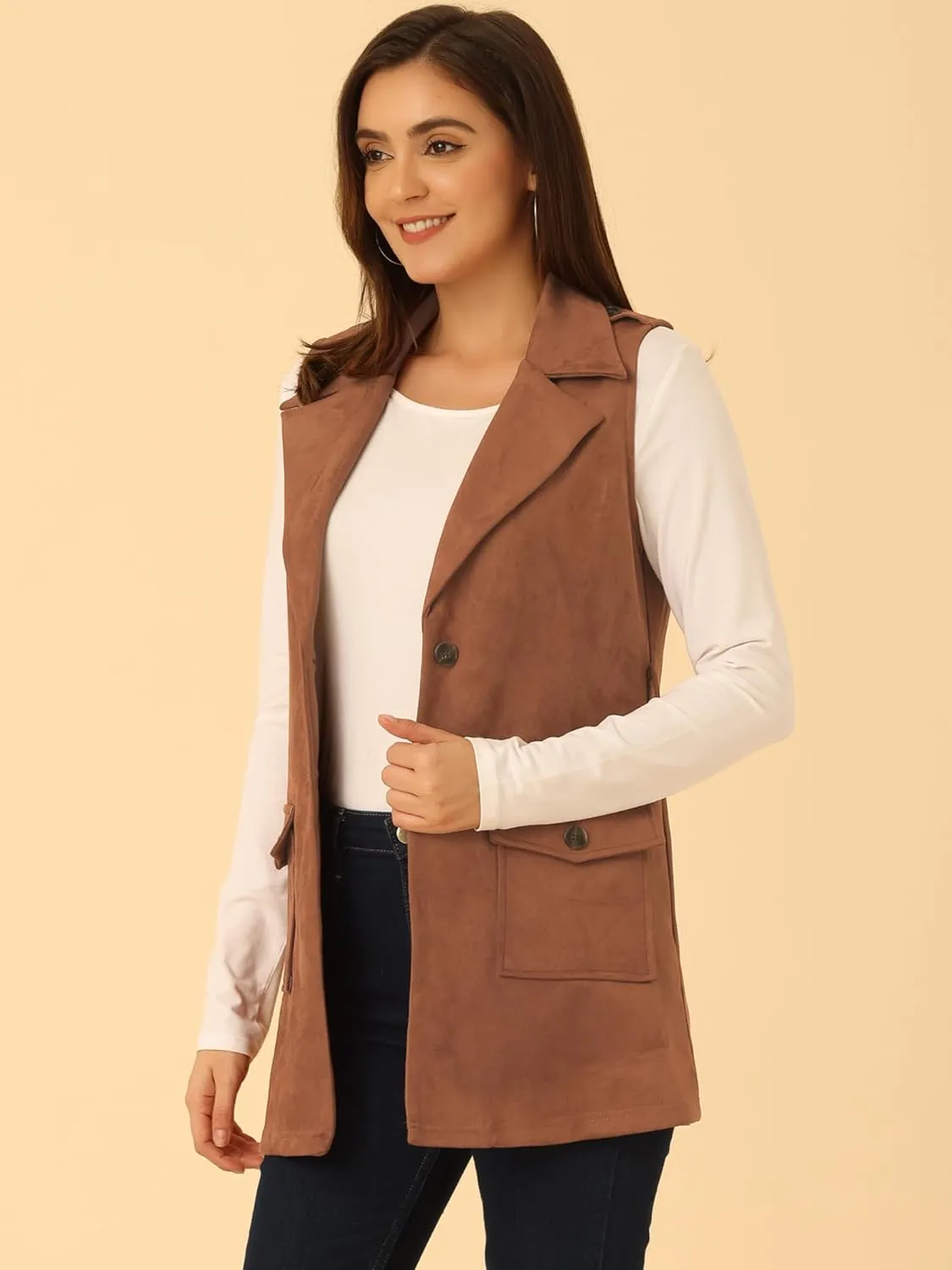 Allegra K Women's Faux Suede Vest Lapel Single Breasted Tie Belt Button Up Pockets Work Sleeveless Jacket