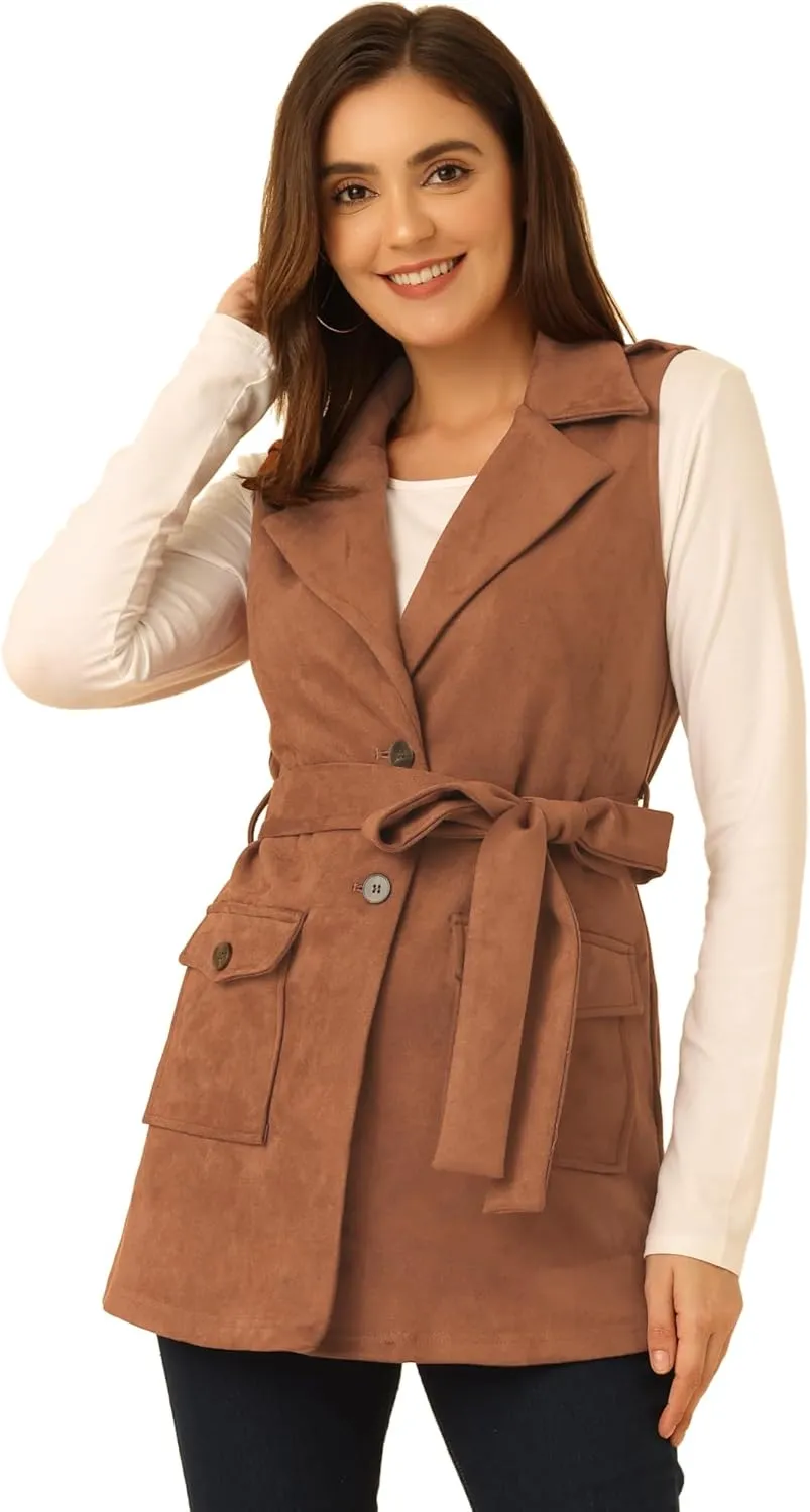 Allegra K Women's Faux Suede Vest Lapel Single Breasted Tie Belt Button Up Pockets Work Sleeveless Jacket