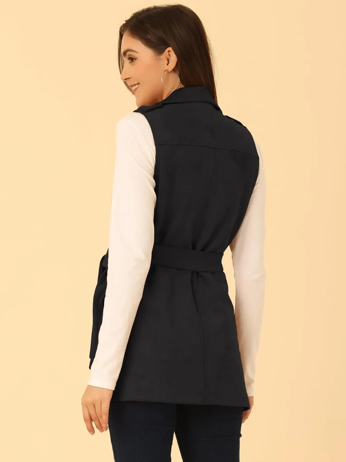 Allegra K Women's Faux Suede Vest Lapel Single Breasted Tie Belt Button Up Pockets Work Sleeveless Jacket