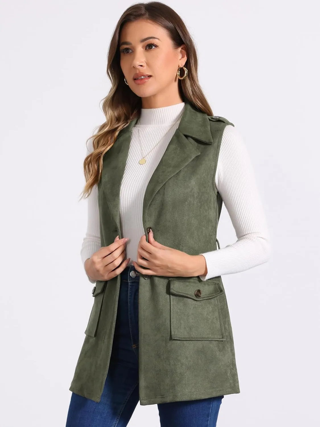 Allegra K Women's Faux Suede Vest Lapel Single Breasted Tie Belt Button Up Pockets Work Sleeveless Jacket