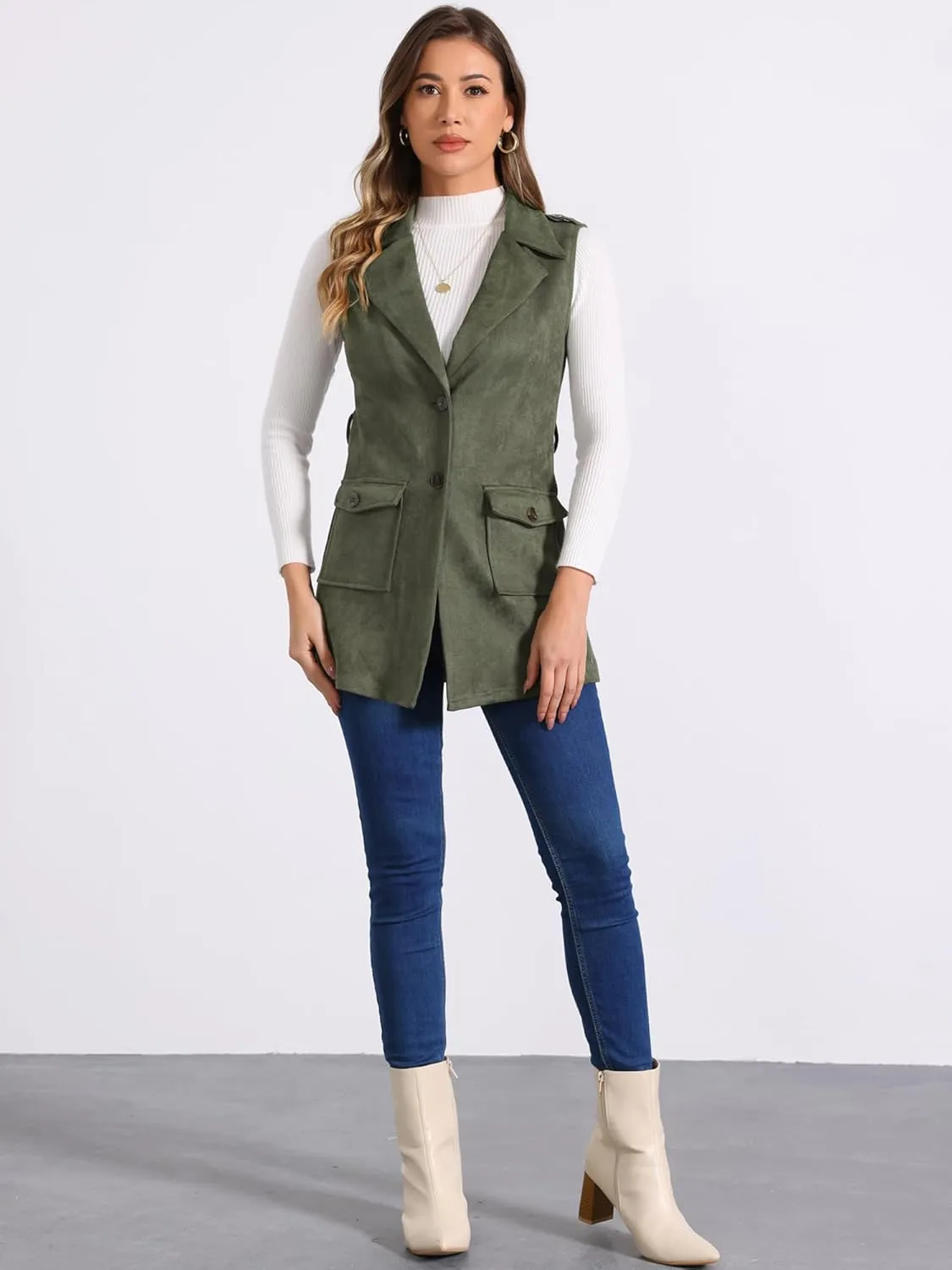 Allegra K Women's Faux Suede Vest Lapel Single Breasted Tie Belt Button Up Pockets Work Sleeveless Jacket