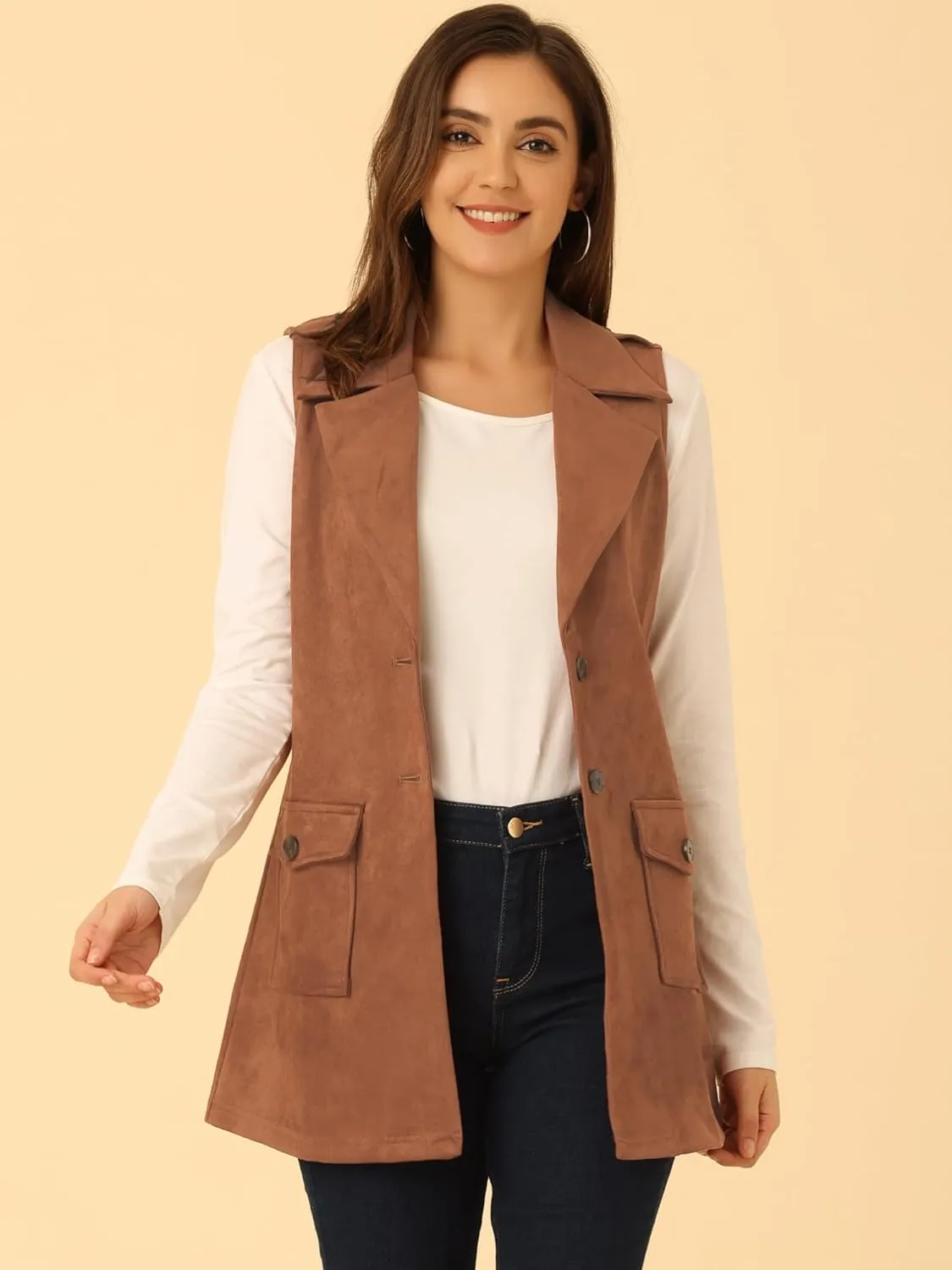 Allegra K Women's Faux Suede Vest Lapel Single Breasted Tie Belt Button Up Pockets Work Sleeveless Jacket