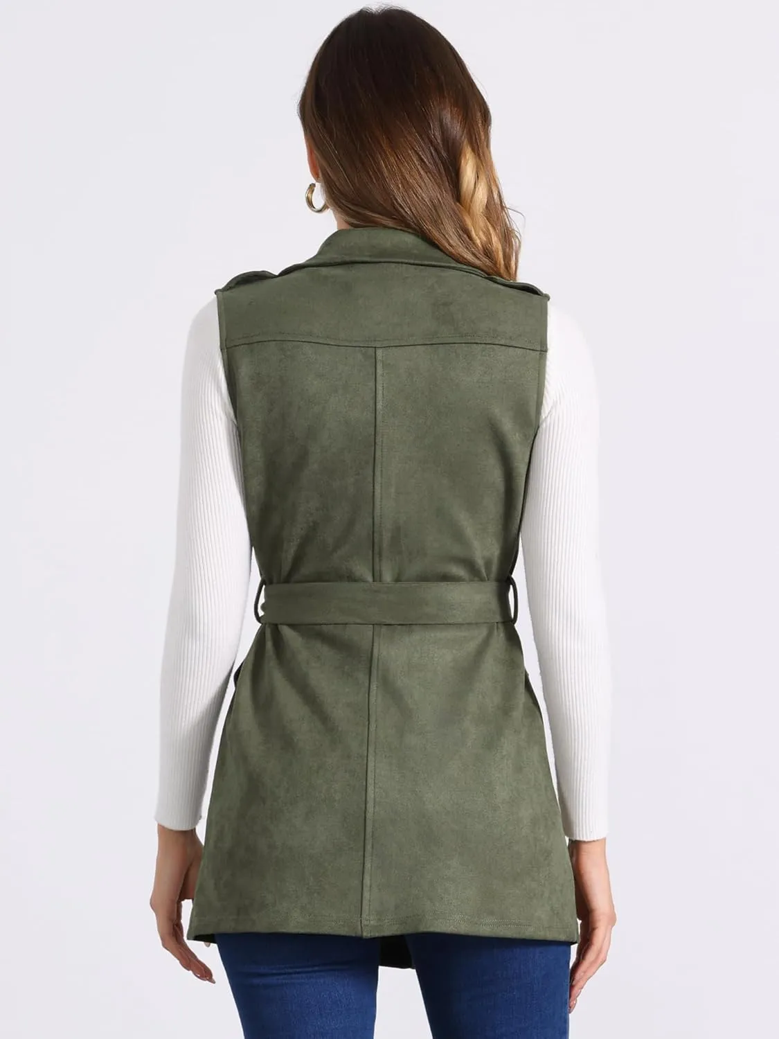 Allegra K Women's Faux Suede Vest Lapel Single Breasted Tie Belt Button Up Pockets Work Sleeveless Jacket