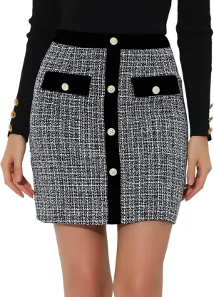 Allegra K Women's Tweed Plaid High Waist Button Decor Bodycon Elegant Office Mini Skirt