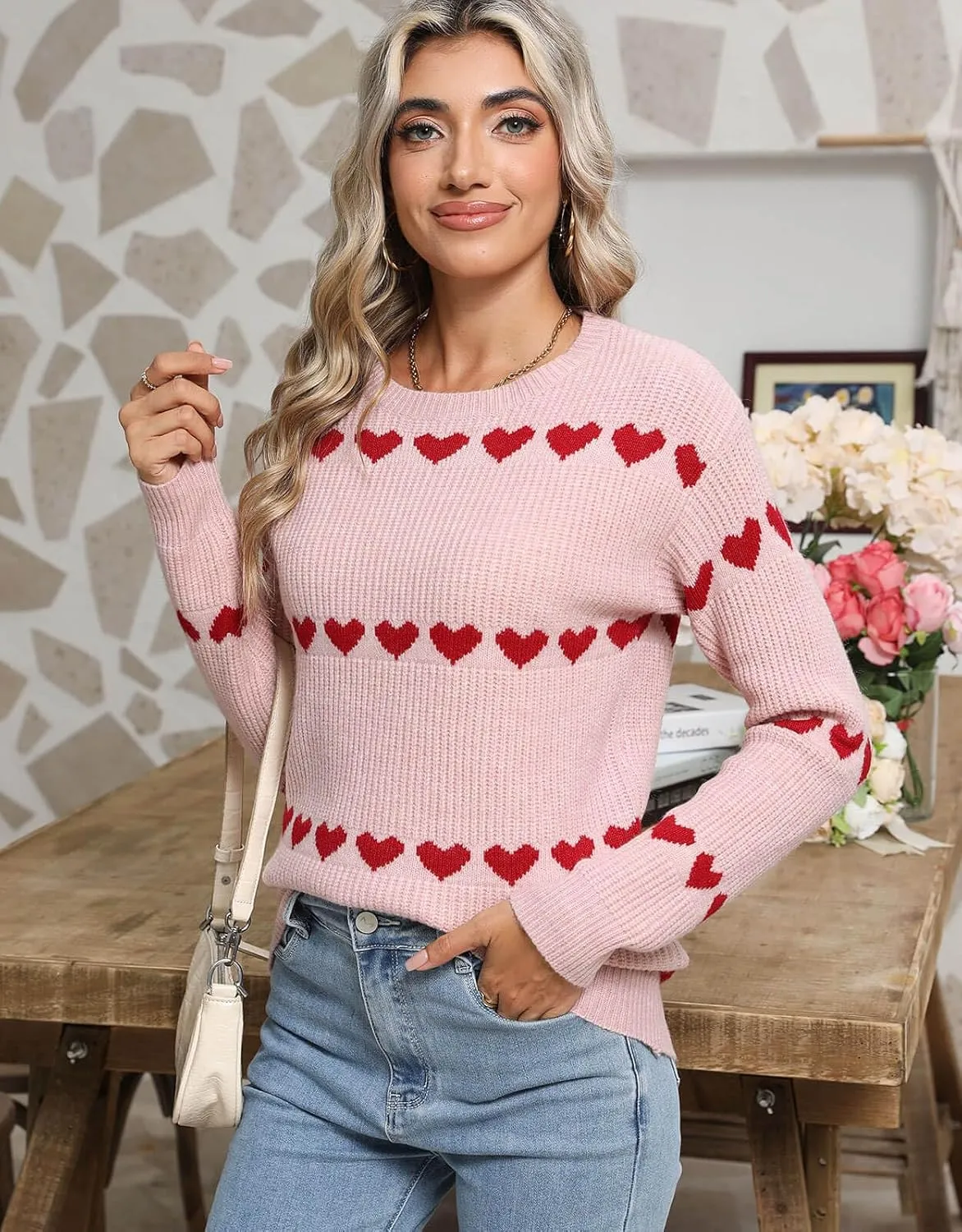Alsol Lamesa Women's Cute Heart Sweater Pullover Long Sleeve Crewneck Casual Knitted Sweaters