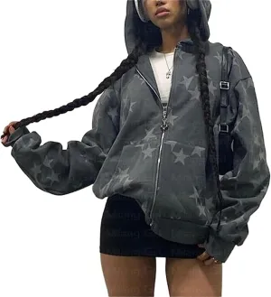 Amiblvowa Y2k Hoodie Zip Up Women Oversized Graphic Sweatshirt Aesthetic Vintage Harajuku Grunge Teen Girls Halloween Jacket
