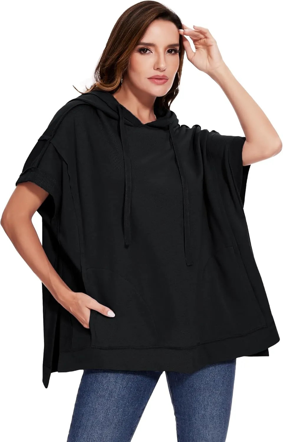 Anna-Kaci Womens Oversized Short Sleeve Hoodie Side Slits Pullover Sweater Top