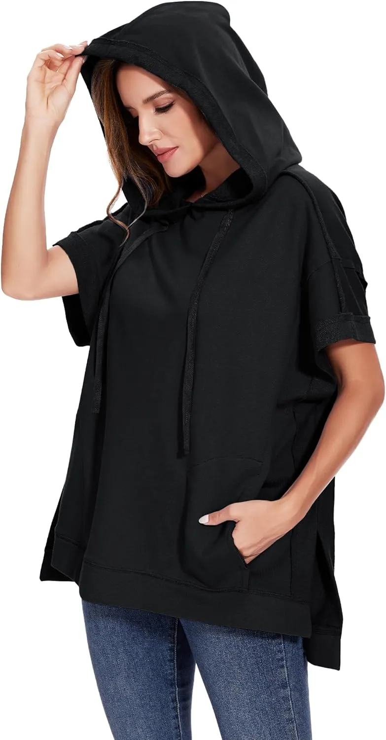 Anna-Kaci Womens Oversized Short Sleeve Hoodie Side Slits Pullover Sweater Top