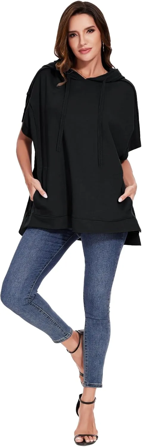 Anna-Kaci Womens Oversized Short Sleeve Hoodie Side Slits Pullover Sweater Top