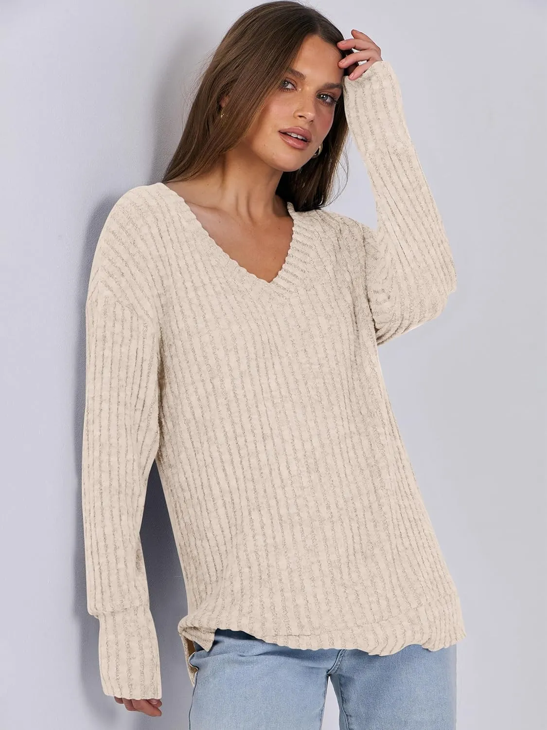 ANRABESS Long Sleeve Shirts for Women V Neck Casual Fall Tops Loose Fit Lightweight Sweaters Tunic Fashion 2024 Clothes