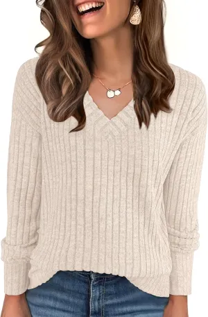 ANRABESS Long Sleeve Shirts for Women V Neck Casual Fall Tops Loose Fit Lightweight Sweaters Tunic Fashion 2024 Clothes