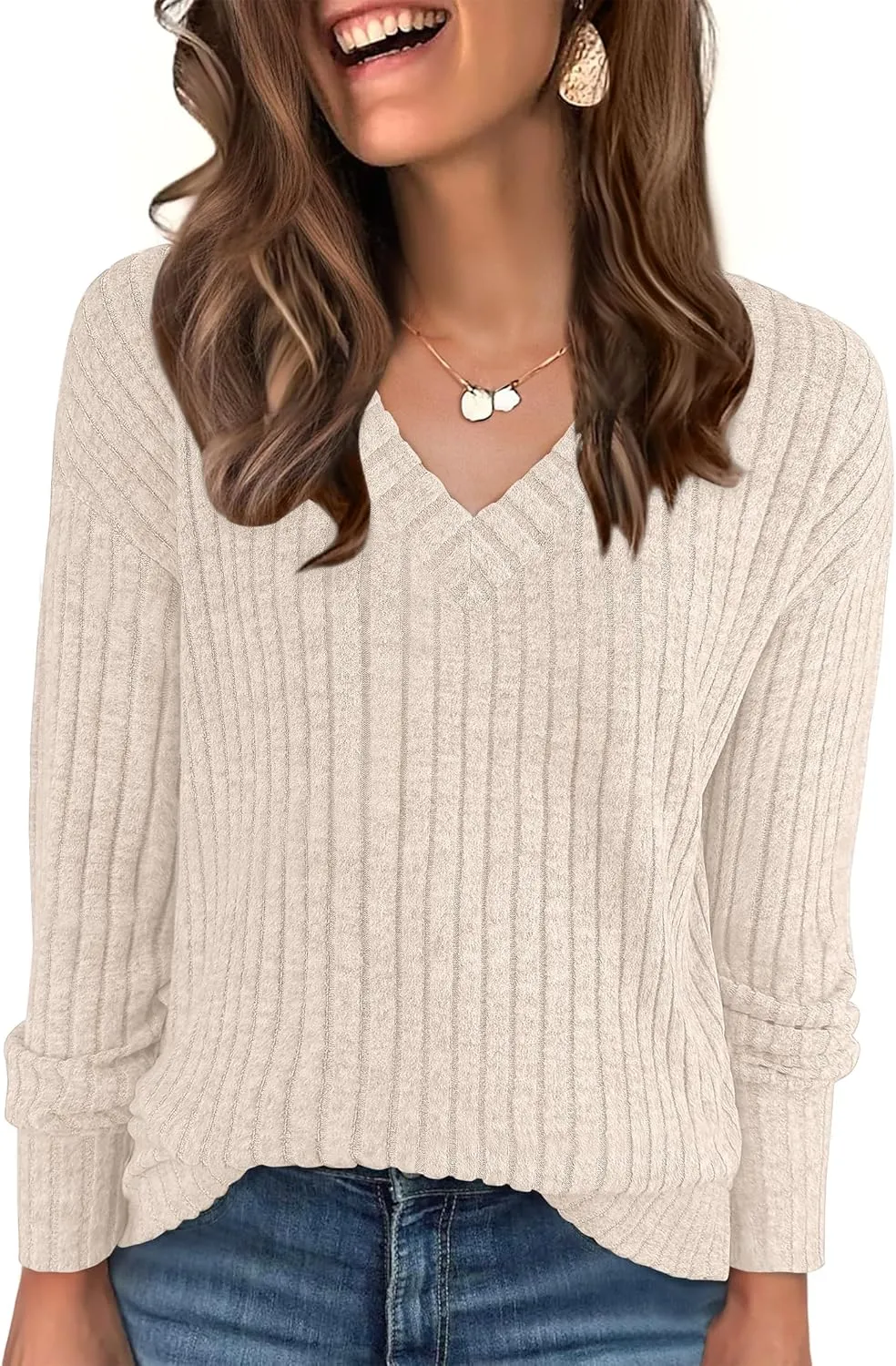ANRABESS Long Sleeve Shirts for Women V Neck Casual Fall Tops Loose Fit Lightweight Sweaters Tunic Fashion 2024 Clothes