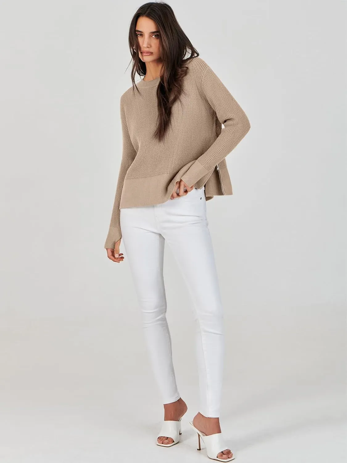 ANRABESS Womens Crewneck Long Sleeve Waffle Knit Casual Side Zipper Pullover Sweaters Top Thumbhole 2025 Fall Outfits