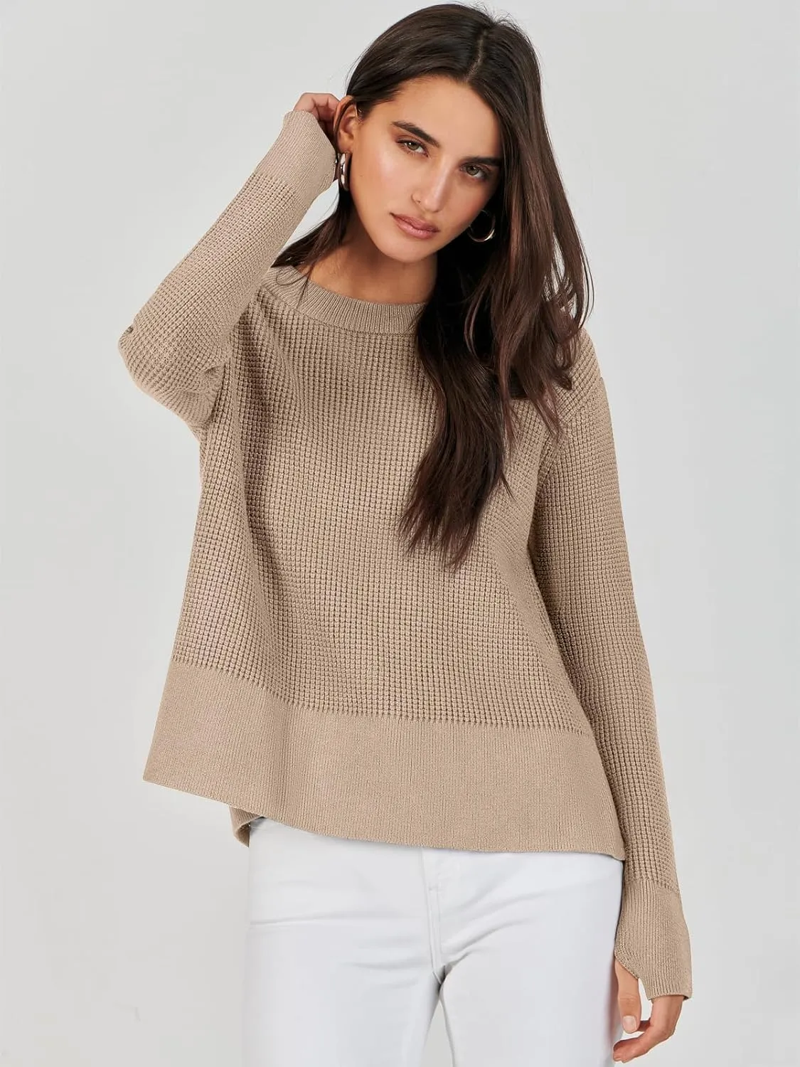 ANRABESS Womens Crewneck Long Sleeve Waffle Knit Casual Side Zipper Pullover Sweaters Top Thumbhole 2025 Fall Outfits