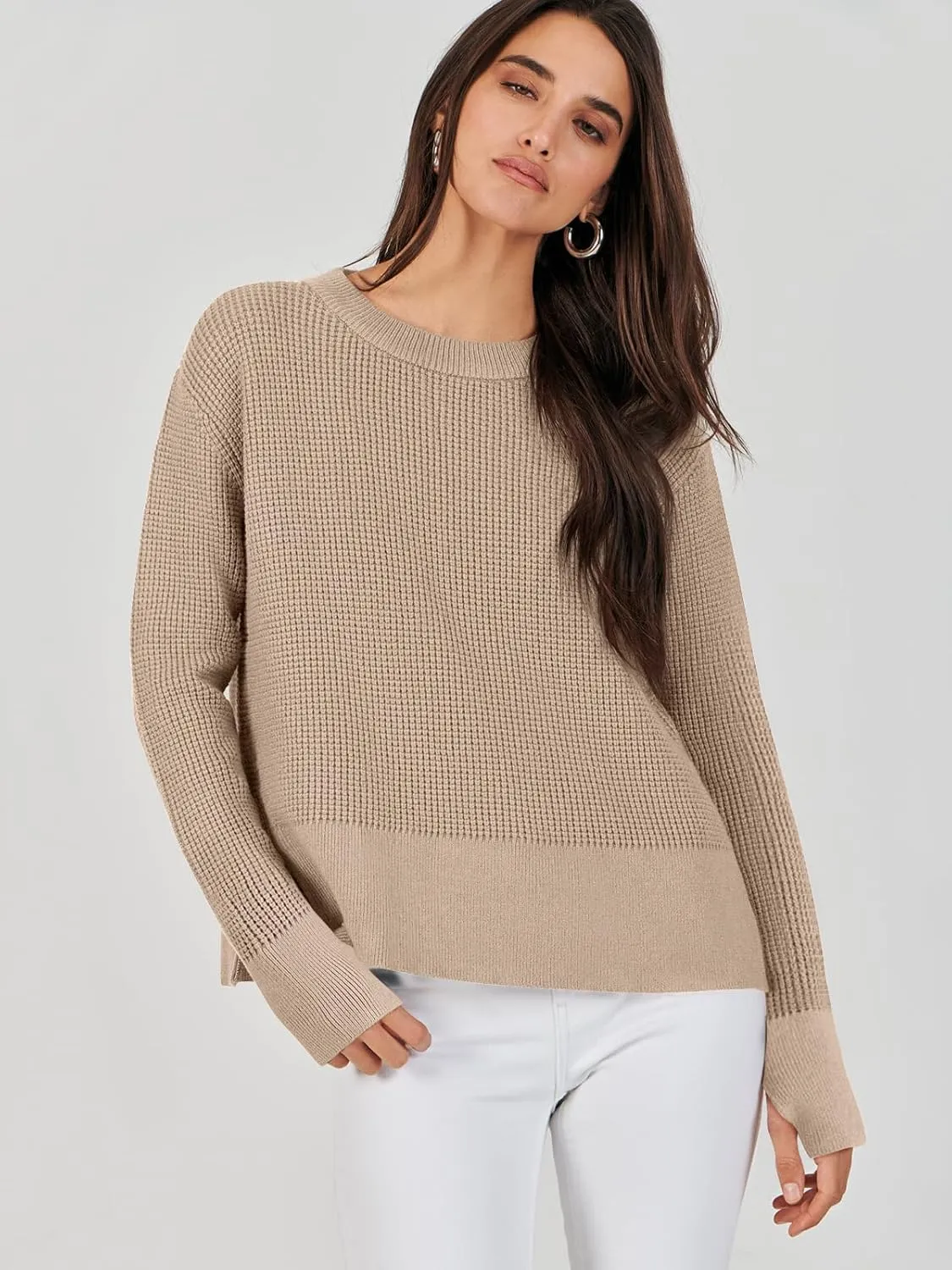 ANRABESS Womens Crewneck Long Sleeve Waffle Knit Casual Side Zipper Pullover Sweaters Top Thumbhole 2025 Fall Outfits